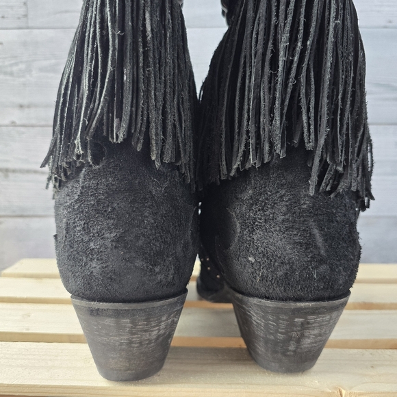 Dan Post Mid Calf Suede Leather Fringe Western Black Boots Size 6 - Picture 11 of 16